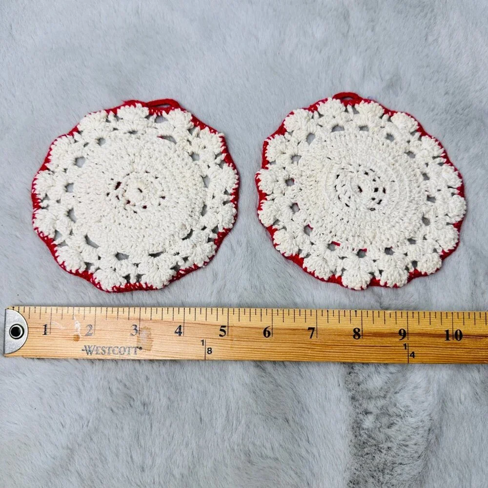 Vintage‎ Crochet Doilies Coaster Holiday Festive Cotton Handmade Red 5Inch